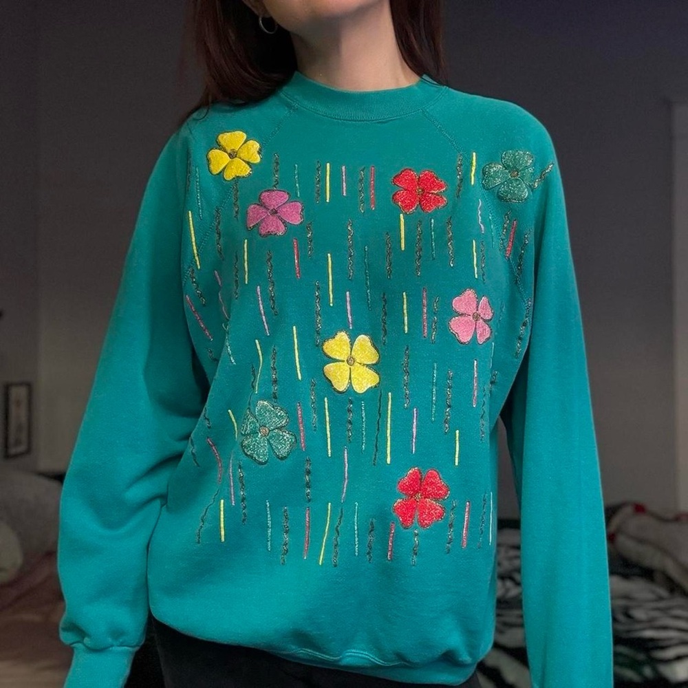 Vintage 90s Teal Floral Applique Crewneck Sweatshirt Cottagecore Grandma Top M